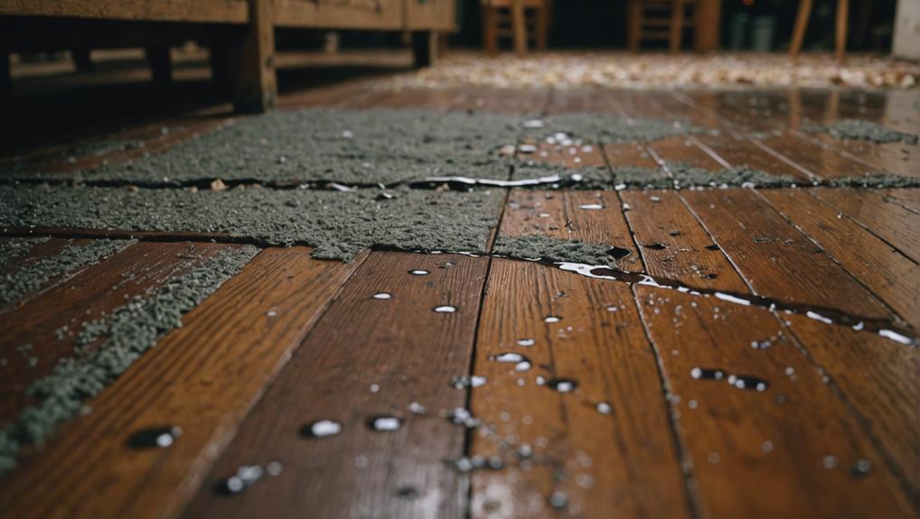 Water-soaked wooden floor with debris and lifted planks after a toilet overflow, illustrating the need for emergency cleanup and restoration services.